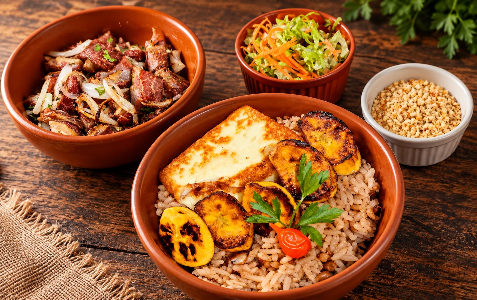Baião com queijo coalho, banana da terra e carne seca acebolada