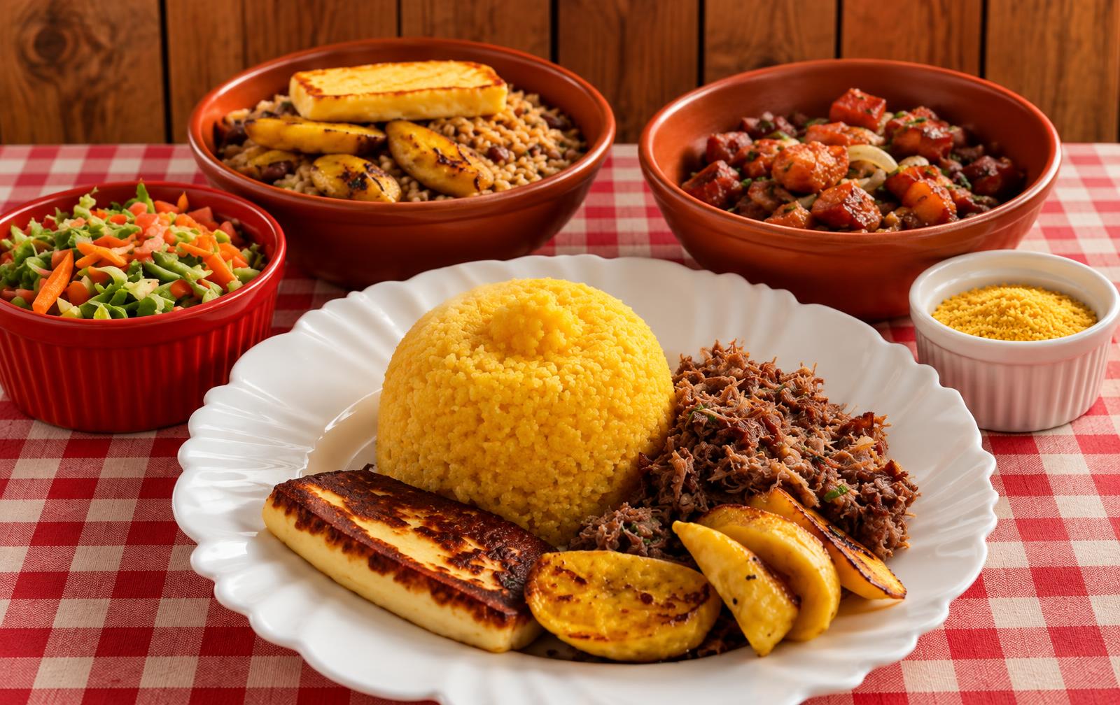 Mesa com cuscuz, carne seca, queijo coalho e banana da terra